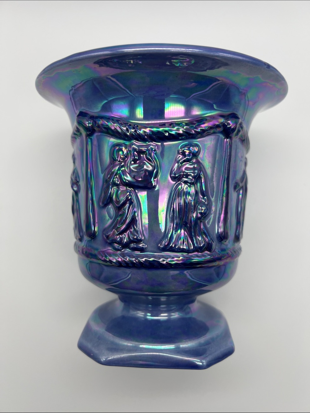Vintage 6” 1984 Arnel’s Pottery Grecian Urn Planter Iridescent Blue